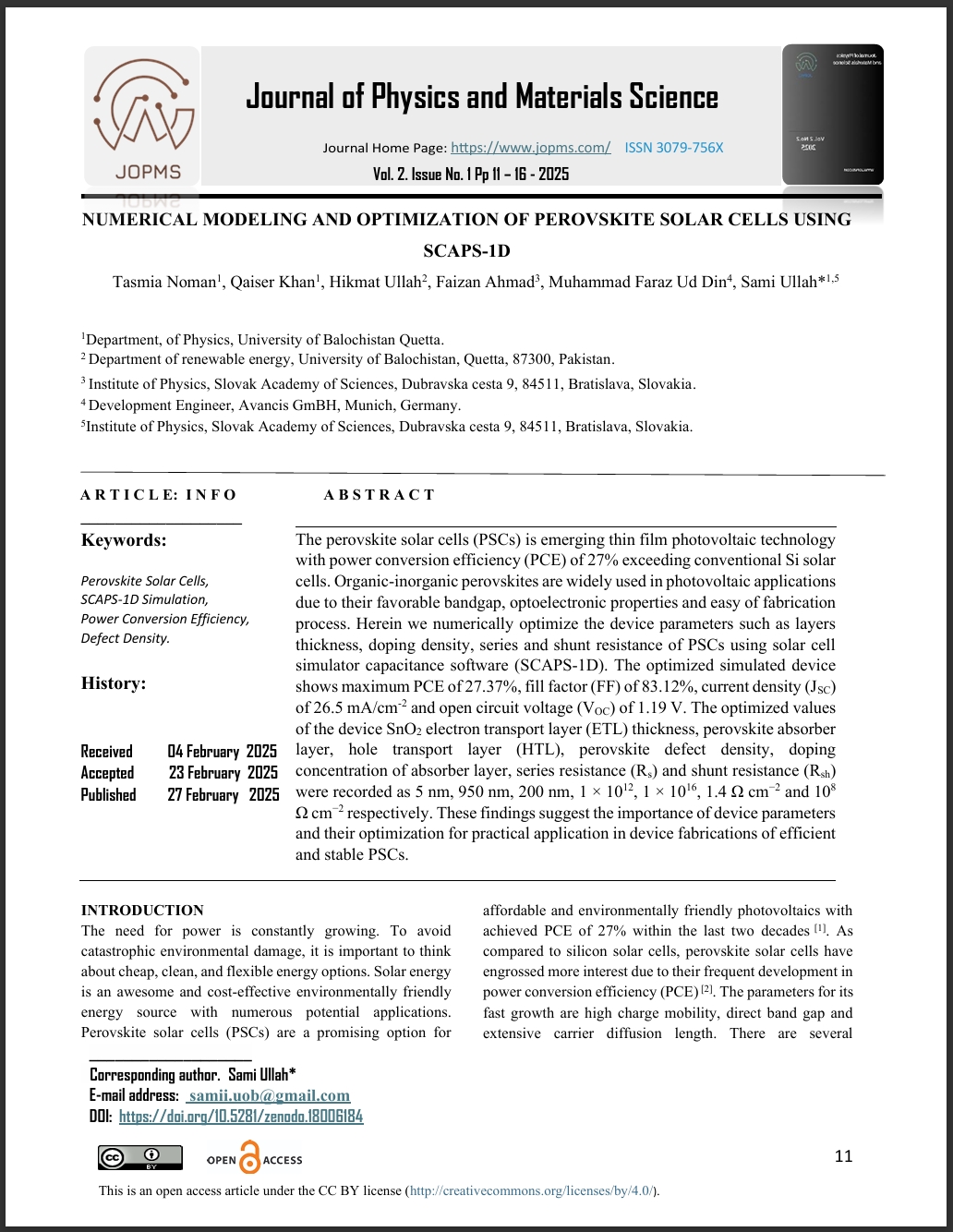 NUMERICAL MODELING AND OPTIMIZATION OF PEROVSKITE SOLAR CELLS USING ...